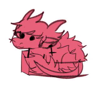 A pale pink monochrome sketch of a small dragon in a box. It has two horns with a wild mane of hair and is wearing earrings.